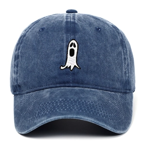 Navy blue washed denim baseball cap featuring white screaming ghost skull embroidery