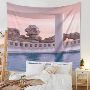 Detail of bohemian surrealist tapestry featuring pink sunset and modern rock landscape
