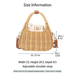 Handwoven straw crossbody bag with brown leather handles and drawstring lining, 23x20.5cm size