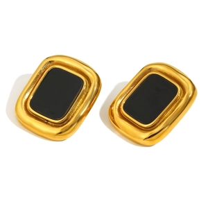 Boucles d'oreilles vintage en acier inoxydable doré 18 carats avec agate noire carrée