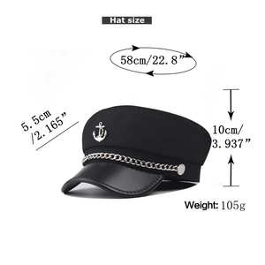 Detailed size chart for black military cap with silver anchor logo and metal chains
