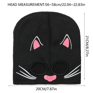 Detailed knit beanie size guide showing pink cat design dimensions for head circumference