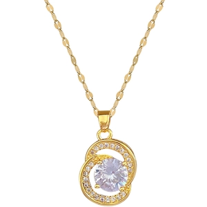 Elegant gold titanium steel necklace featuring double interlocking rings with sparkling zircons