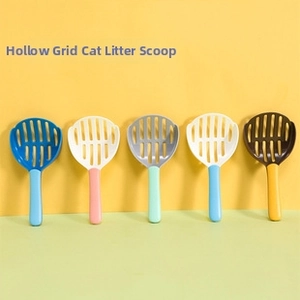 Five assorted ergonomic cat litter scoops with hollow mesh design for easy sand sifting
