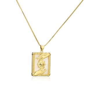 Gold 18K plated tarot necklace with shell inlay eye and hand relief on box chain