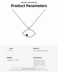 Detail view of S925 sterling silver evil eye necklace with blue zircon pendant specs