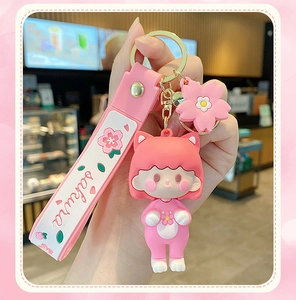 Detailed macro view of pink sakura girl keychain in soft PVC material with metal ring
