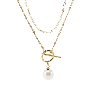 Collier Multicouche En Acier Inoxydable Plaqué Or 18K Avec Pendentif Künstliche Perle De Coquillage Fermoir OT Mode Femmes