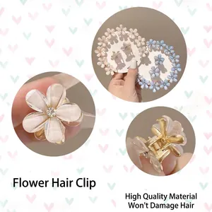Mini resin camellia flower hair claw clips with rhinestones and gold metal base