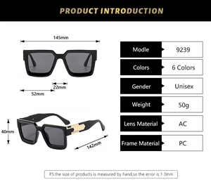 Detailed size specifications for square frame sunglasses with AC lenses and PC frame
