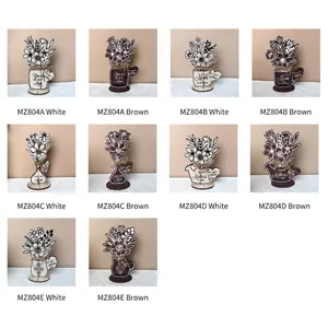 Wooden Mother's Day flower ornaments in white and brown with heart tags for home decor