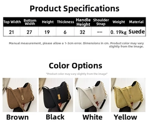 Detailed size specifications for minimalist faux suede shoulder bag in four colors