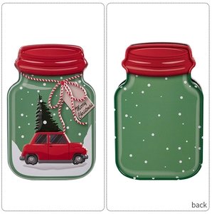 Front and back detail of Christmas tin canister featuring holiday car and snowflake patterns