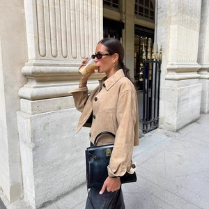 Women Faux Suede Cropped Jacket Lapel Single Breasted Large Pockets Solid Khaki Fashion Casual Short Coat