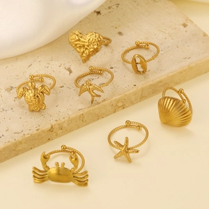 Bohemian gold stainless steel open rings set featuring starfish crab and heart motifs