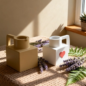 Square pitcher candle holder mold with minimalist handle and red heart detail