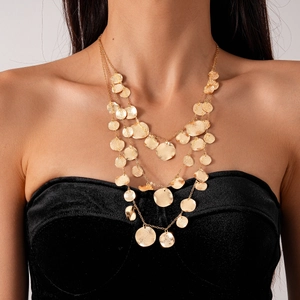Multi Layer Necklace With Hammered Metal Round Disc Pendants Iron Chain For Women Bohemian Vintage Style