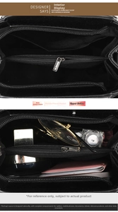 Interior of black crossbody bag with dual compartments, phone pocket and central zipper