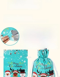Detail of Christmas drawstring gift bags showing waterproof food-grade lining and festive patterns