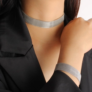 Ensemble collier et bracelet en maille d'acier inoxydable argenté style punk