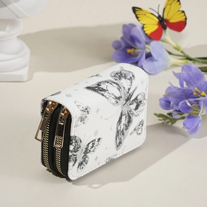 Porte-cartes blanc à motif papillon avec double fermeture éclair et texture cuir croisé