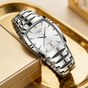 Macro detail of silver square quartz watch with diamond dial and date display