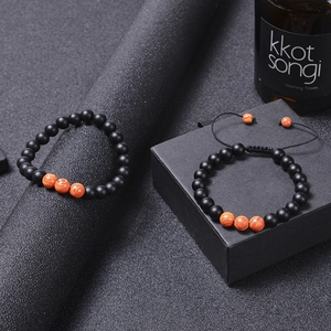 Bracelets rétro de 8mm en pierres naturelles noir mat et grain de bois orange pour couples