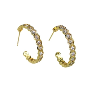 18K gold plated honeycomb hexagonal hoop earrings with clear cubic zirconia pavé