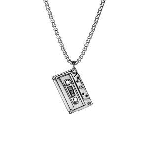Retro cassette tape pendant necklace in silver metal finish with a long link chain