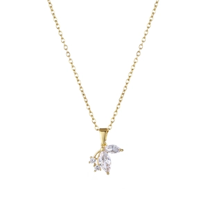 Golden stainless steel necklace featuring a crystal-encrusted leaf pendant for women