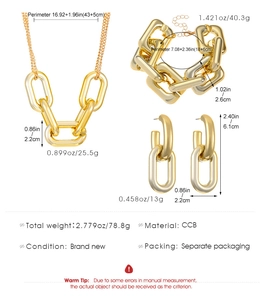 Detail view of gold chunky chain jewelry set with necklace and bracelet size specifications