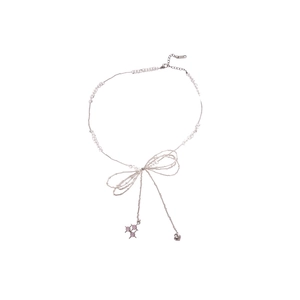 Stainless steel crystal beaded bow necklace with pink star and heart pendant tassel