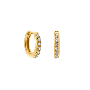 Elegant gold plated hoop earrings with shimmering white zircon stones on white background