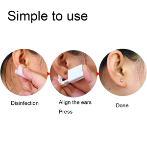 Three-step macro guide showing disinfection and pressure application for disposable ear piercer