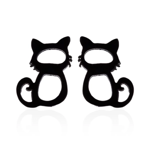 Minimalist black hollow cat stud earrings with curled tail silhouette on white background