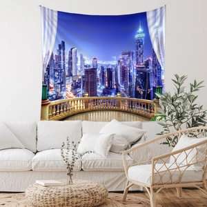 Detail of city night view tapestry showing vibrant lights on a white living room wall