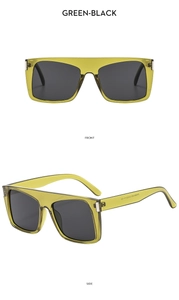 Front and side views of green square frame sunglasses with black lenses and metal accents