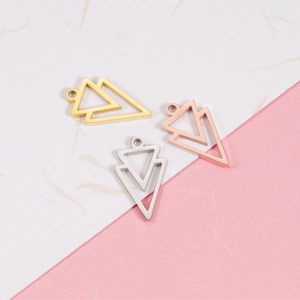 Polished stainless steel double equilateral triangle charms in gold, silver, and rose gold