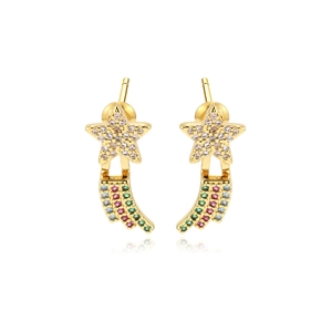 Sparkly Star Tassel Meteor Drop Earrings Brass Jewelry With AAA Plus Multicolor Zircon Geometric Style For Women