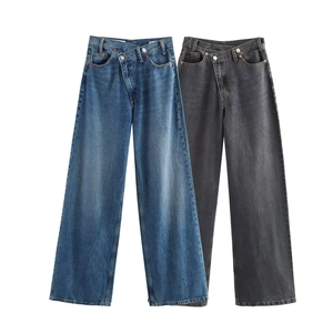 Jeans Femme Taille Haute Jambes Larges Avec Taille Croisée Asymétrique Pantalon En Denim Lavé Pantalon Droit Décontracté Ample
