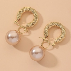 Vintage Gold Tone Alloy Twisted Rope Hoop Earrings With Faux Artificial Pearl Drop And Steel Earring Post For Women Elegant Jewelry