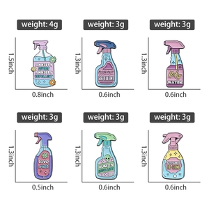 Detailed size chart for colorful enamel spray bottle pins with weight specifications