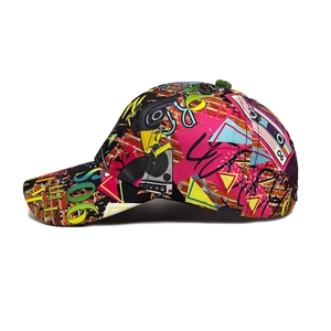 Retro graffiti baseball cap with 80s 90s cassette pattern and colorful street art print