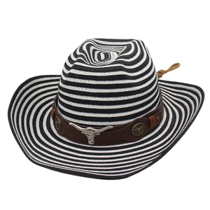 Chapeau de cowboy en paille rayé noir et blanc avec décoration tête de taureau argent