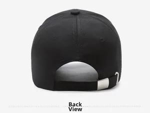 Close-up of black cotton baseball cap back with silver metal adjustable buckle