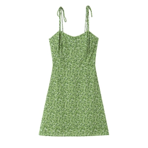 Robe courte fleurie verte pour femme avec fines bretelles réglables et nœud à la taille