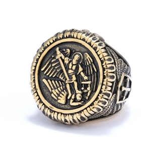 Vintage Archangel Michael stainless steel signet ring with religious cross embossing