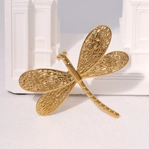 Minimalist gold dragonfly open ring in stainless steel with hammered metal texture