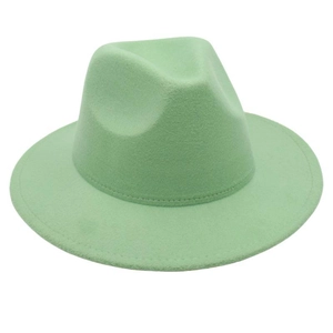 Close-up of mint green wool fedora showing fine stitching and wide brim detail