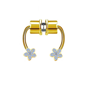 Detail of magnetic nose ring with gold finish and light blue flowers with rhinestones